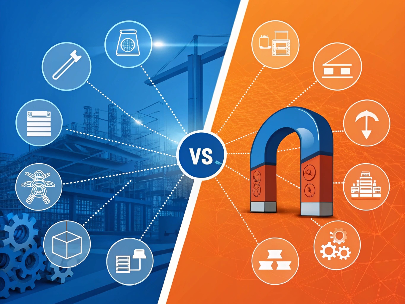 Comparison diagram showing industrial applications and benefits of neodymium magnets versus ferrite magnets