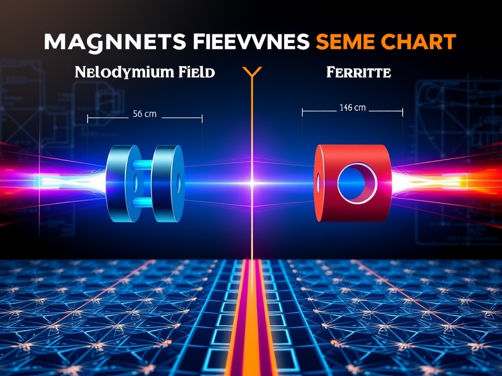 Visual comparison chart showing magnetic field strength and size differences between neodymium and ferrite magnets