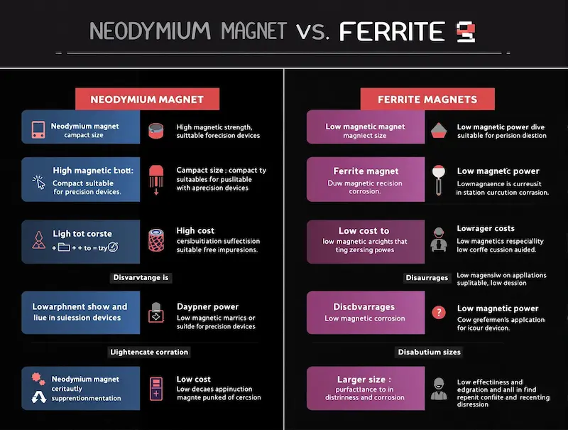 Side-by-side comparison of advantages and disadvantages between Neodymium and Ferrite magnets