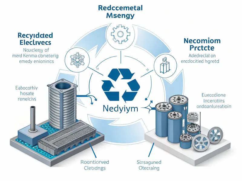 A visual representation of the neodymium magnet recycling process, illustrating the steps from collection to material recovery and reuse.