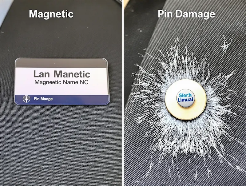 Side-by-side comparison showing a magnetic name badge on pristine fabric versus a pin badge on damaged fabric.