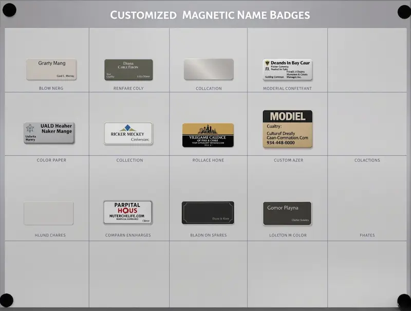 Grid display showing various customized magnetic name badge designs with different materials, colors, and shapes.
