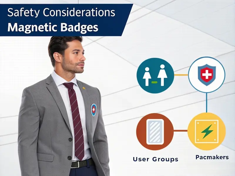 Infographic showing proper magnetic badge placement zones on business attire with highlighted safety considerations for different user groups.