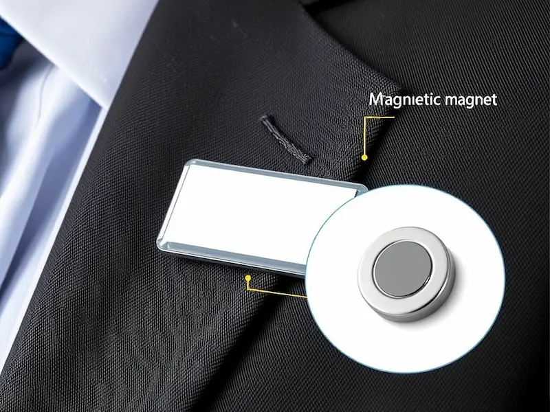 Close-up of a magnetic name badge demonstrating secure attachment to a suit lapel, with the rear magnet visible through thin fabric.