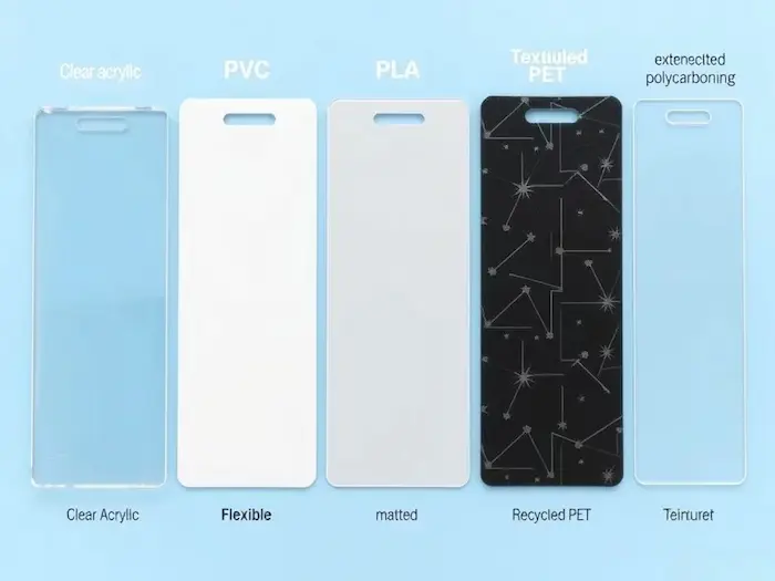 Side-by-side comparison of five plastic badge samples (clear acrylic, flexible PVC, matte PLA, textured polycarbonate, and recycled PET) showing different edge treatments and printing techniques.